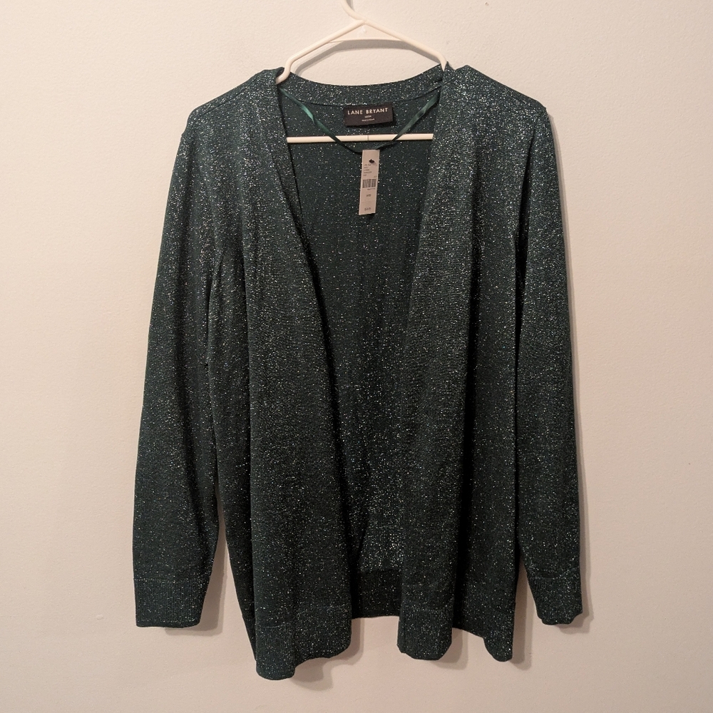 NWT Lane Bryant Lurex Metallic Green Open-Front Modern Cardigan Size 18/20 or 2X